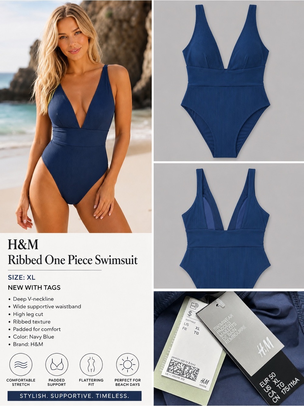 H&M Navy Blue One Piece High Leg Ribbed Swimsuit Size XL NWT